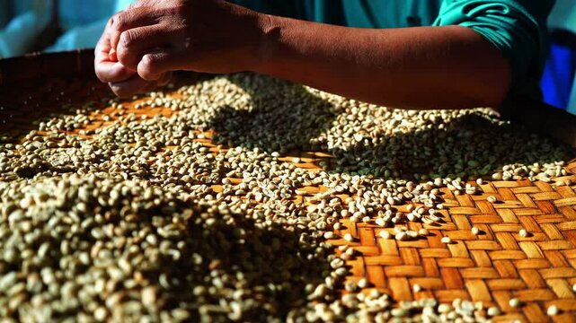 background coffee bean sorting process arabica coffee bean sorting concept hand harvest