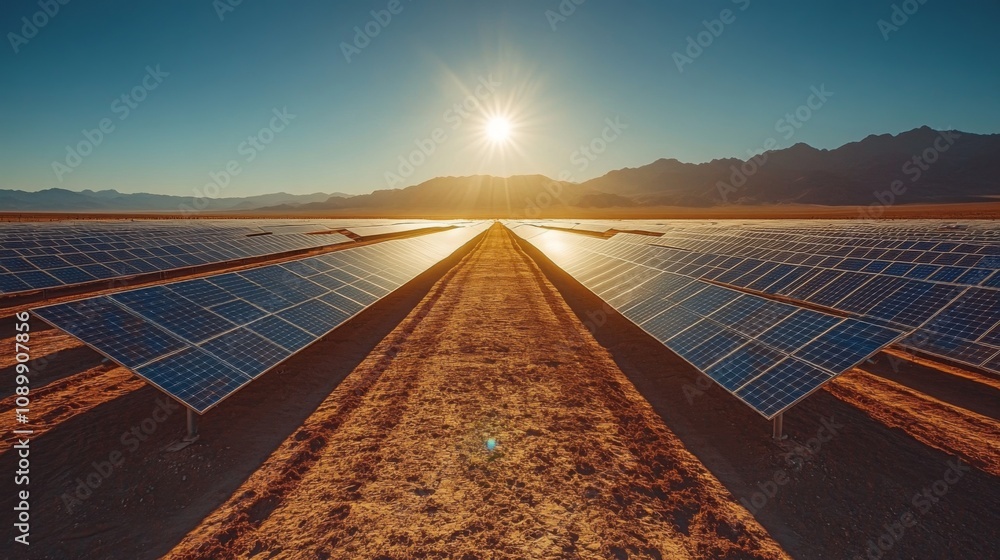 Aufkleber rows of solar panels stretch across a vast desert, illuminated by the warm glow of the setting sun, 