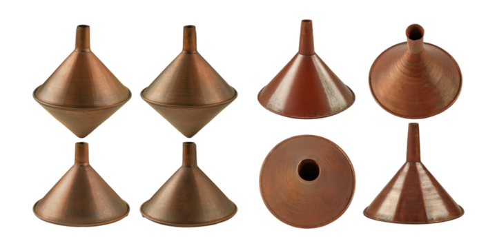 Various Copper Funnels on Transparent Background, PNG collection, set bundle, isolate on transparent or white background