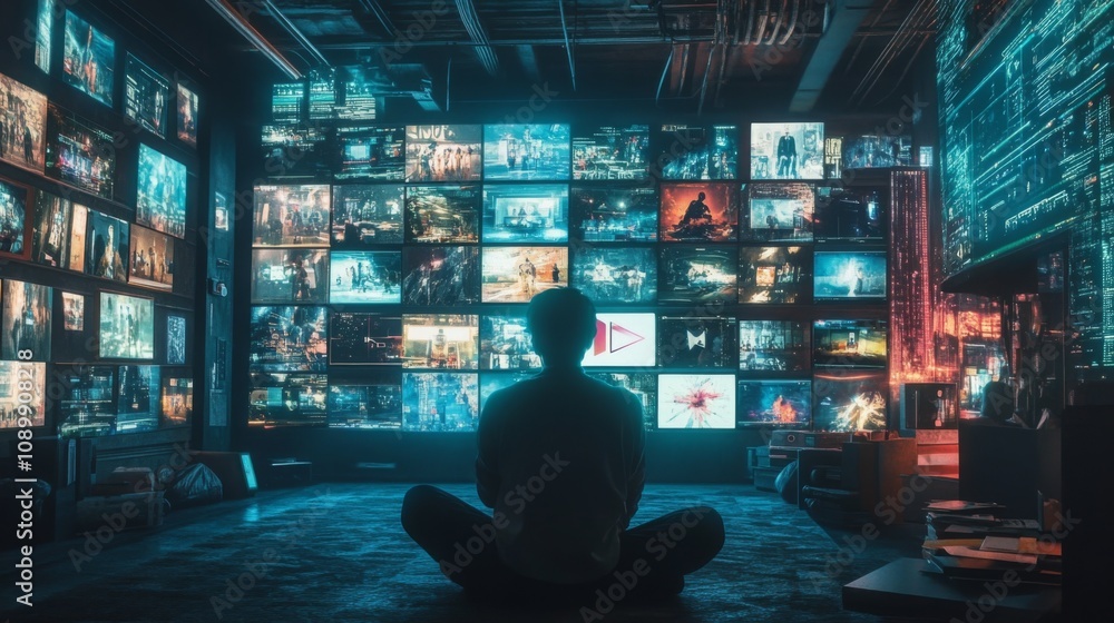 Aufkleber a person sits in front of a wall of screens displaying videos of different types, including action s