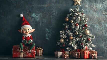 elf sitting on shelf beside decorated Christmas tree, copy space