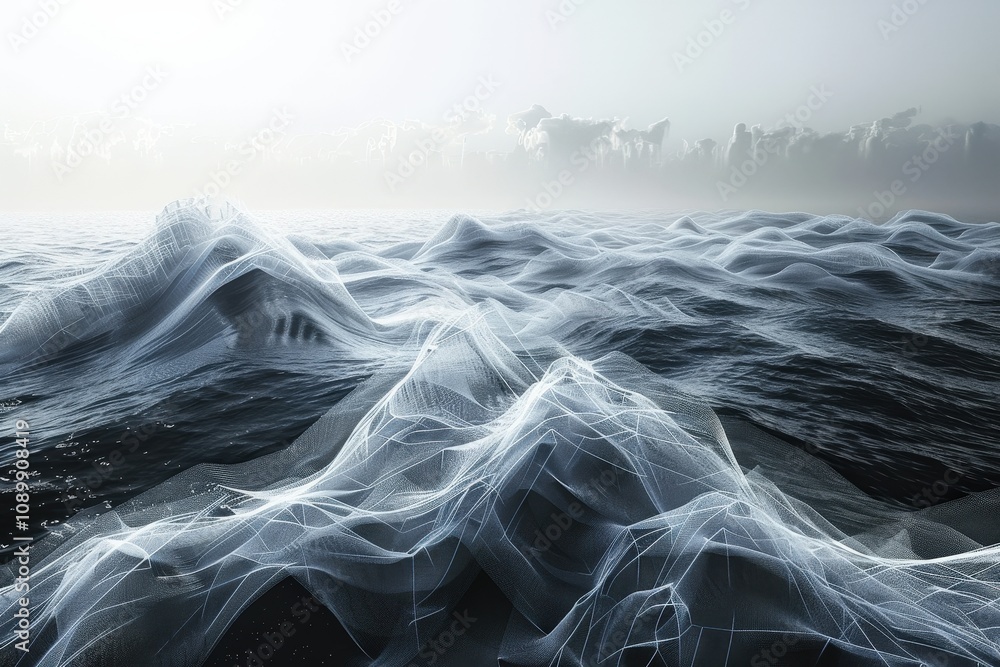 Fototapete visual representation of digital waves in blue tones with glowing particles, resembling futuristic t