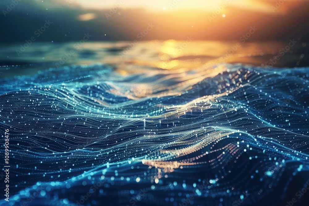 Fototapete visual representation of digital waves in blue tones with glowing particles, resembling futuristic t