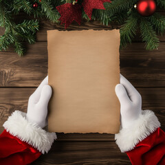 Santa's hands wearing white glove holding a blank piece of paper that looks like a list, set in a Christmas atmosphere with a simple, uncluttered background. without decoration on the table