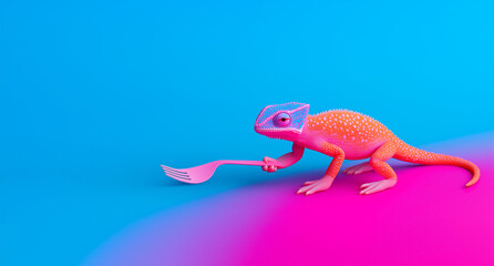 Fototapeta premium Humorous scene of a chameleon holding a fork on a turquoise and pink background. Perfect for quirky messages.