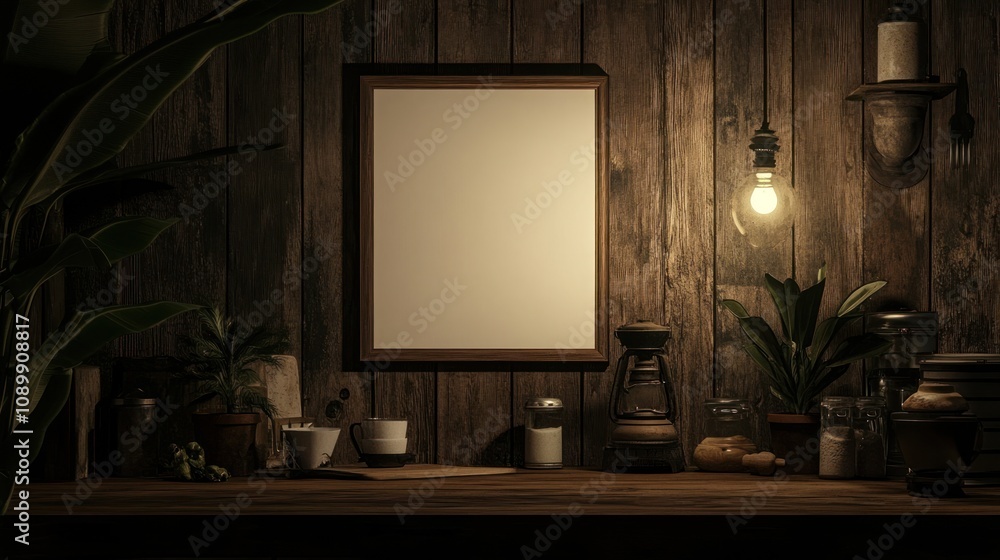 Poster Rustic Wooden Setting With Blank Frame And Plants
