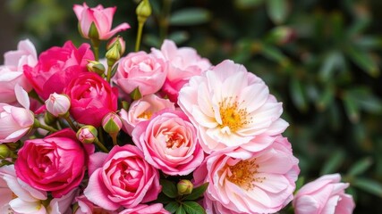 Fresh bunch of pink peonies and roses arranged beautifully with space for text, fresh, copy space
