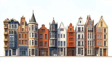 Naklejka premium Charming vintage town houses along Chicago streets bathed in the warm glow of a captivating sunrise with a serene white background