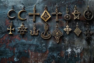 Diverse religious symbols and artistic elements on a colorful textured wall panel in an urban setting