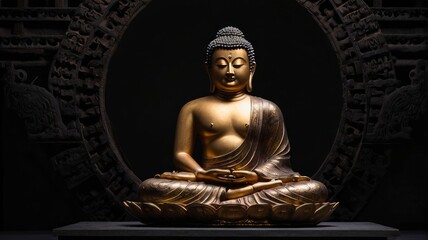 Fototapeta premium Statue of Buddha sitting in meditation with black space on the left hand side, ai