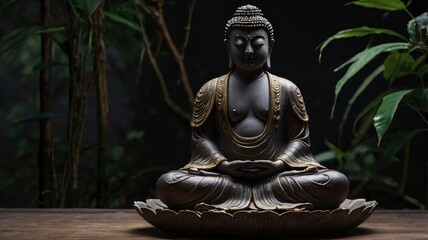 Obraz premium Statue of Buddha sitting in meditation with black space on the left hand side, ai
