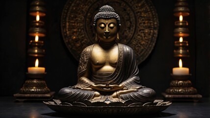 Fototapeta premium Statue of Buddha sitting in meditation with black space on the left hand side, ai