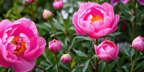 Fototapeta premium Pink peony flowers blooming in full splendor, creating a beautiful and elegant background for various design projects, garden, botanical