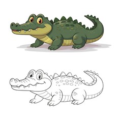 Obraz premium Cheerful Cartoon Crocodile Coloring and Illustration, Vibrant Green Alligator with Smiling Expression and Matching Line Art for Kids' Activities or Educational Fun.