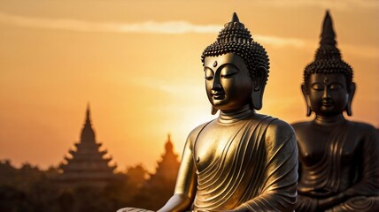 Obraz premium Magha Asanha Visakha Puja Day , Silhouette Buddha on golden sunset background, ai