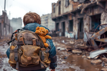 child in a war zone with teddybear, escape without hope