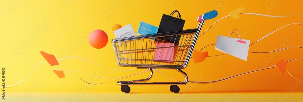 Poster a shopping cart filled with colorful bags moves through a dynamic space created by geometric shapes 
