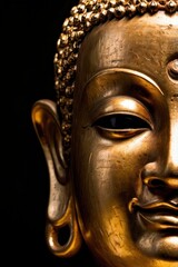A golden Buddha head on a black background with perfectly placed lights and shadows, ai