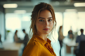 Beautiful woman, in office environment, bright lighting, in a board, staff, CEO meeting, in business portrait
