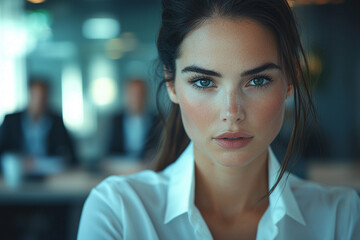 Beautiful woman, in office environment, bright lighting, in a meeting, in business attire, speaking to colleagues,
