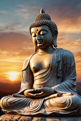 Obraz premium Abstract Beautiful Buddha With Sunset Sky Background, ai