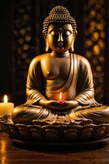 Fototapeta premium Buddha statue and candle light. ai