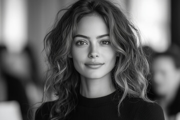 Black and White photograph of a Woman Portrait in Office, Business Woman Portrait, Board meeting, Office meeting, team meeting, office environment, computer office, business woman	
