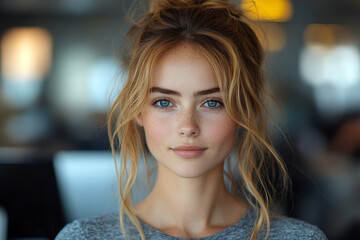 Young Woman in office, A woman, gorgeous, feminine portraiture, office, computer room,  or meeting room, vivde colors,  natural lighting, Business Woman Portrait, Board meeting, Office meeting