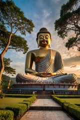 Fototapeta premium View of the Phuket Big Buddha statue at sunset, or The Great Buddha of Phuket (Wat Chalong), Built in the virgin rainforest on Khao Nakkerd Hill high above Phuket, ai