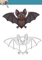 Fototapeta premium Cheerful Cartoon Bat Coloring and Illustration, Bat Matching Line Art for Kids' Activities or Educational Fun.