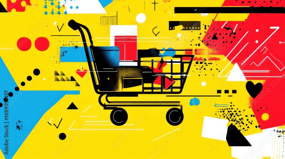 Aufkleber an artistic depiction showcases a shopping cart composed of diverse geometric shapes and flowing lin