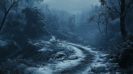 A winding snow-covered path through a misty winter forest