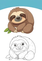 Obraz premium Cheerful Cartoon Sloth Coloring and Illustration, Sloth Matching Line Art for Kids' Activities or Educational Fun.