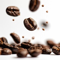 Fototapeta premium Falling Roasted Coffee Beans on White Background close up. Coffee