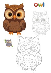 Fototapeta premium Cheerful Cartoon Owl Coloring and Illustration, Owl Matching Line Art for Kids' Activities or Educational Fun.