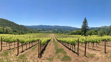Obraz premium Vineyard rows stretch to distant hills under a clear blue sky.