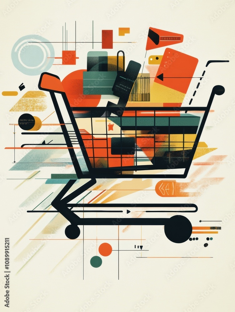 Poster An abstract shopping cart design showcases geometric shapes and flowing lines, creating a dynamic and colorful visual representation. Generative AI