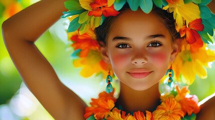 Young girl in floral crown under sunlight
