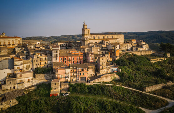 Italy, Sicily, Ragusa District, Monterosso Almo. June 2023. Amazing aerial panoramic piture from drone.