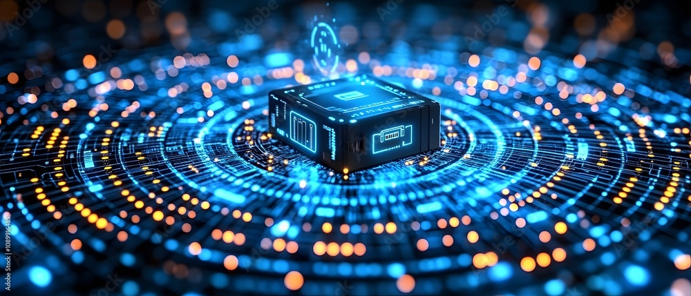 Poster a futuristic digital processor surrounded by glowing data streams and circuits.