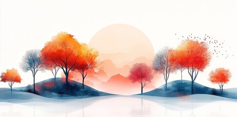 Serene Autumn Landscape With Colorful Trees And Sunset