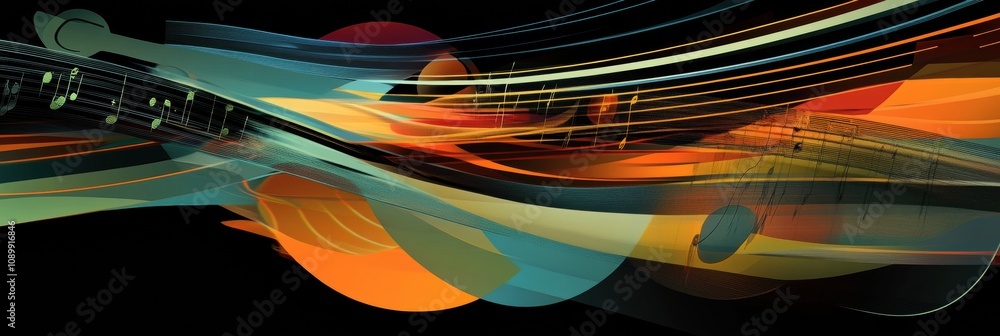 Poster colorful abstraction showcases sound waves, musical notes, and instruments, illustrating the essence
