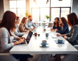 Fototapeta premium A softly blurred image depicts a group of business professionals gathered around a sleek table in a modern, open-concept office