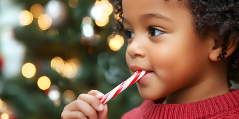 A child eats a Christmas Cane. A kid eats a Christmas cane and ruins his teeth. The concept of the harm of sweets to children's teeth.