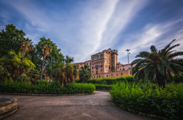 Palermo, Italy - June 2023: View of Norman Palace or Palazzo dei Normanni. Long exposure.