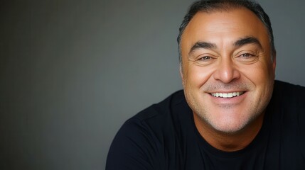 Fototapeta premium A man with short hair beams joyfully, showcasing a broad smile and a friendly expression while positioned against a subtle gray backdrop. His warmth is infectious