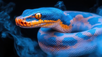 Fototapeta premium A striking blue snake with intricate patterns showcases its vibrant scales against a backdrop of swirling smoke, creating a mesmerizing visual contrast and allure