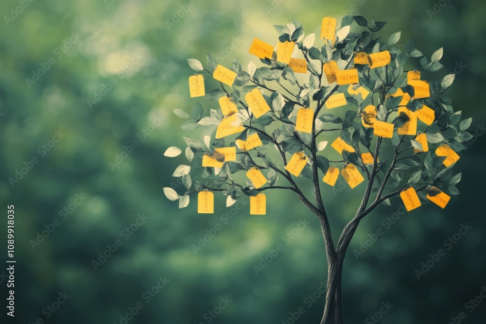 Aufkleber a surreal tree features branches adorned with discount symbols and price tags, set against a lush gr