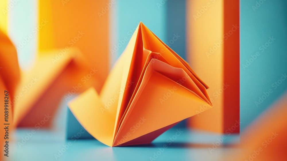 Poster a brightly colored origami boat is positioned among geometric shapes, creating a dynamic visual inte