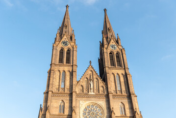 Fototapeta premium Neo-Gothic Catholic church at Namesti Miru (Peace Square) in Prague's Vinohrady, built on plans of Josef Mocker in 1888–1892. It is named in honor of St. Ludmila of Bohemia.